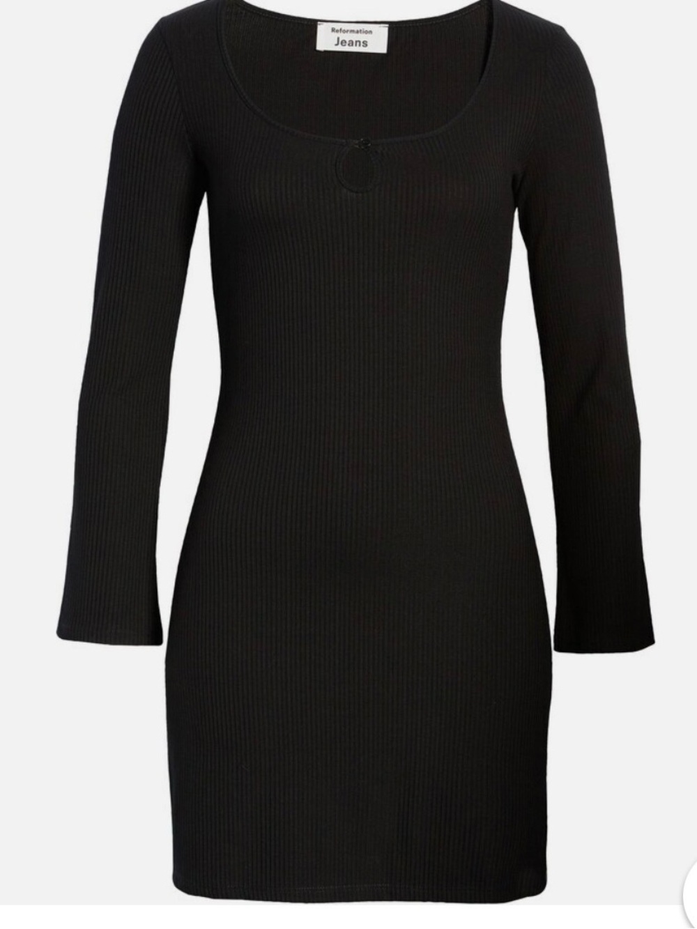 Reformation Black Ribbed Scoop-Neck Long-Sleeve Mini Dress